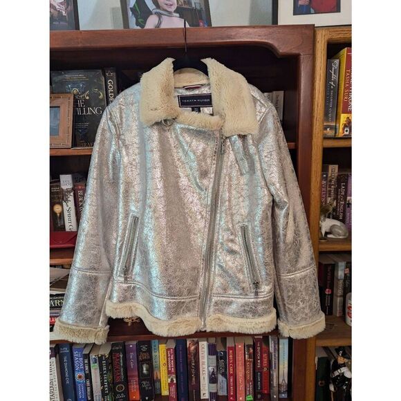 NWOT TOMMY HILFIGER Distressed Silver Metallic Shearling Motorcycle Jacket XL - Picture 1 of 7